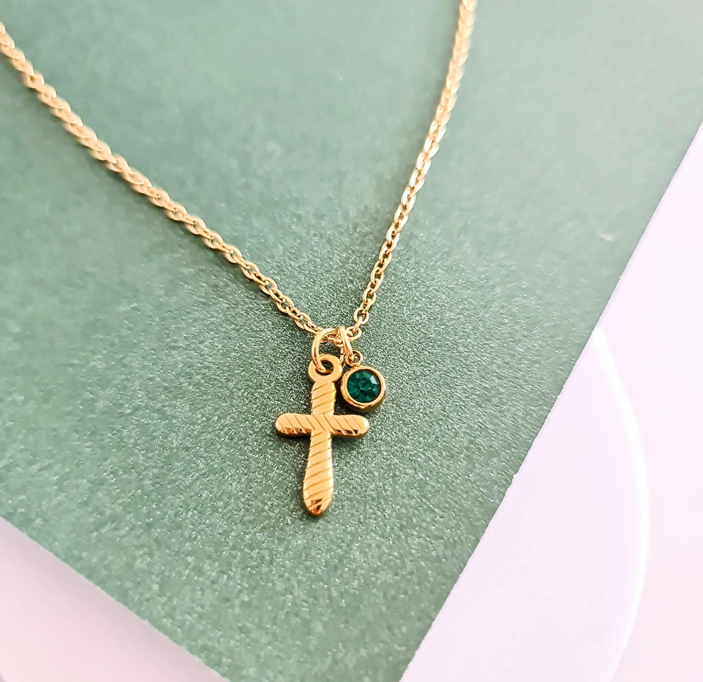 18K Gold Cross Necklace with Birthstone Charm, Customizable Christian Pendant, 9 Birthstone Colors, Dainty Gift for Her