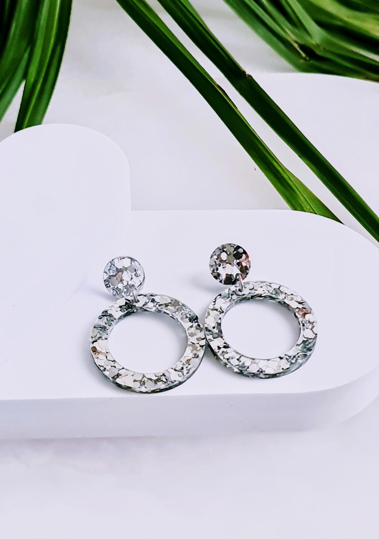 Silver Mirror Hoop Dangle Earrings, Acrylic Glitter Earrings, Stainless Steel Hypoallergenic Earrings, Statement Lightweight Earrings