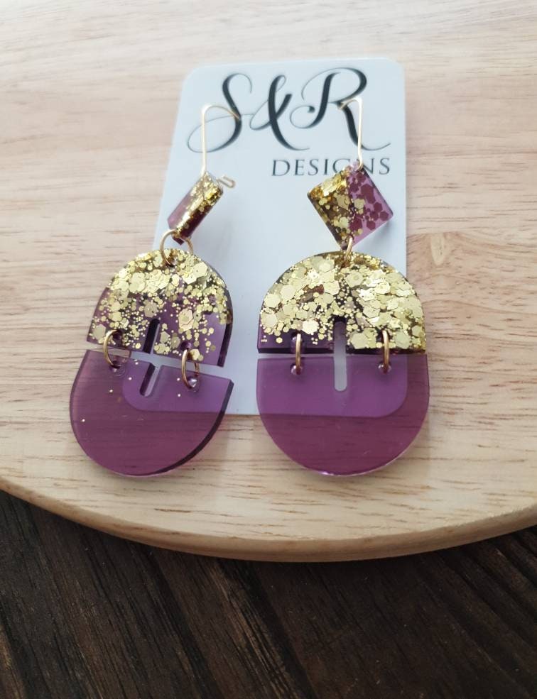Mesmerizing Purple and Gold Double Arch Dangle Earrings, Gold Glitter and Purple Resin Dangles, Statement Earrings