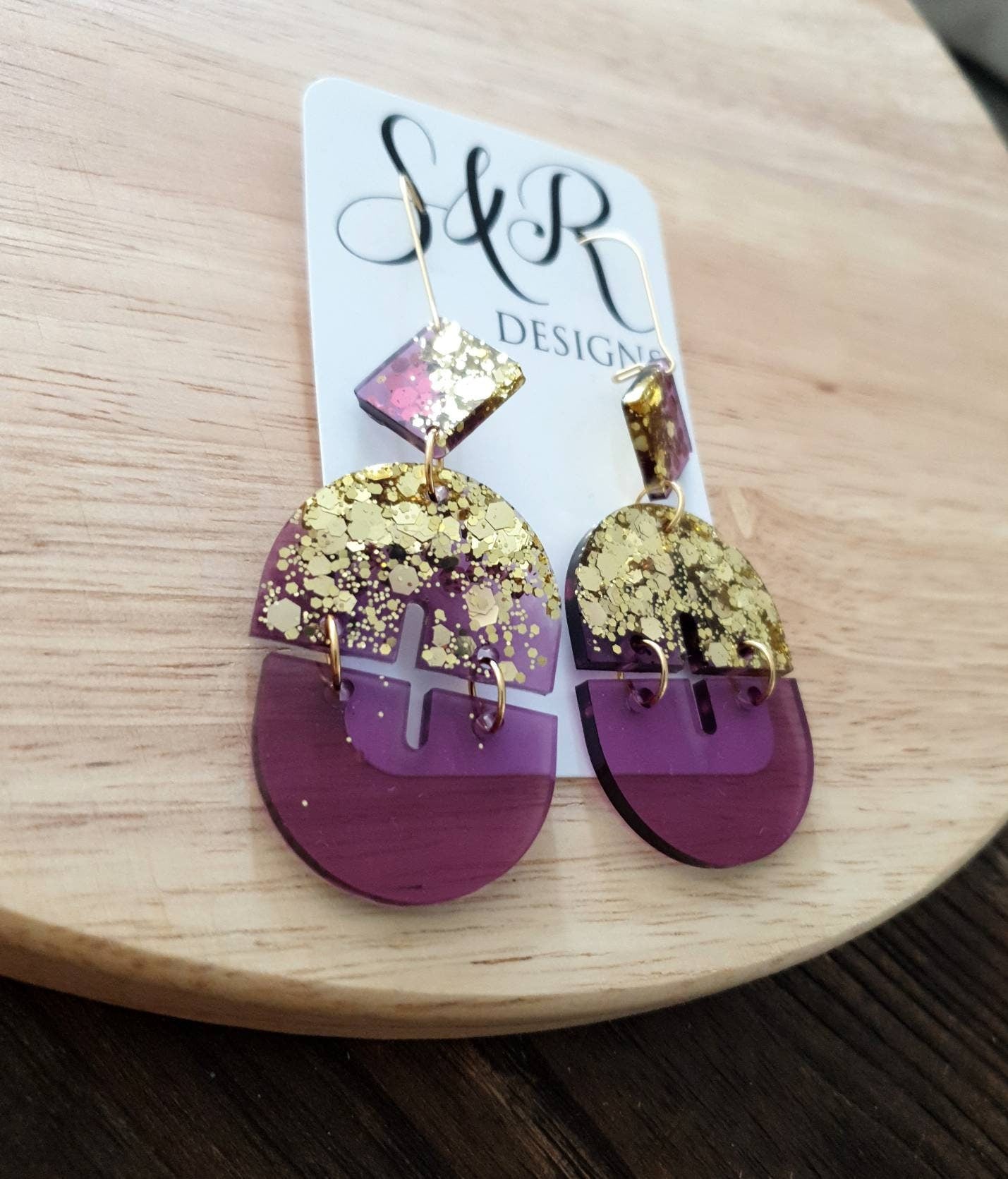 Mesmerizing Purple and Gold Double Arch Dangle Earrings, Gold Glitter and Purple Resin Dangles, Statement Earrings
