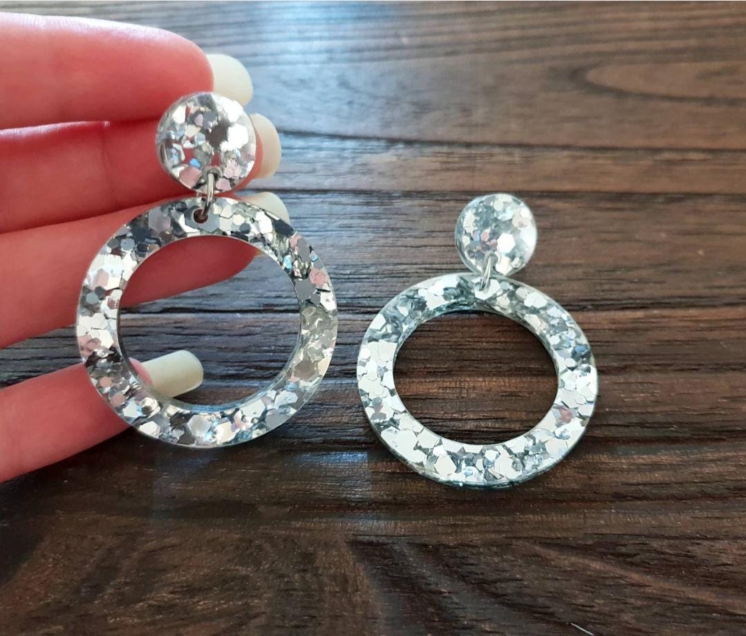 Silver Mirror Hoop Dangle Earrings, Acrylic Glitter Earrings, Stainless Steel Hypoallergenic Earrings, Statement Lightweight Earrings