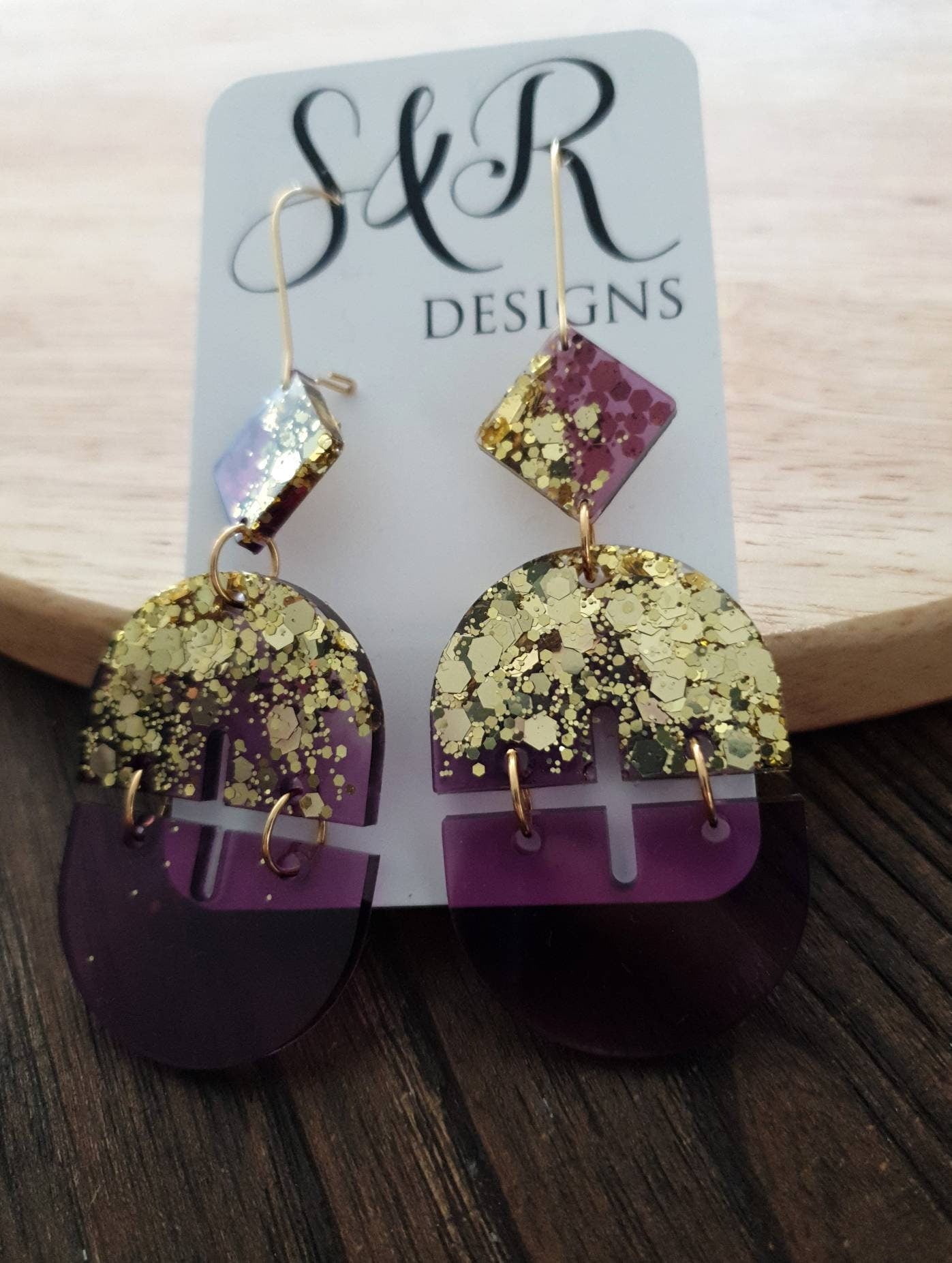Mesmerizing Purple and Gold Double Arch Dangle Earrings, Gold Glitter and Purple Resin Dangles, Statement Earrings