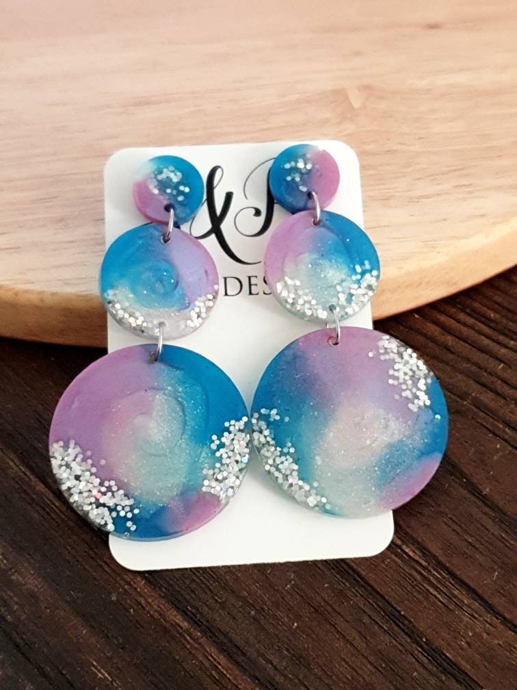 Unique Three Circle Long Resin Earrings, Statement Holographic Glitter with Blue and Pink Earrings, Bridal Stainless Steel Earrings