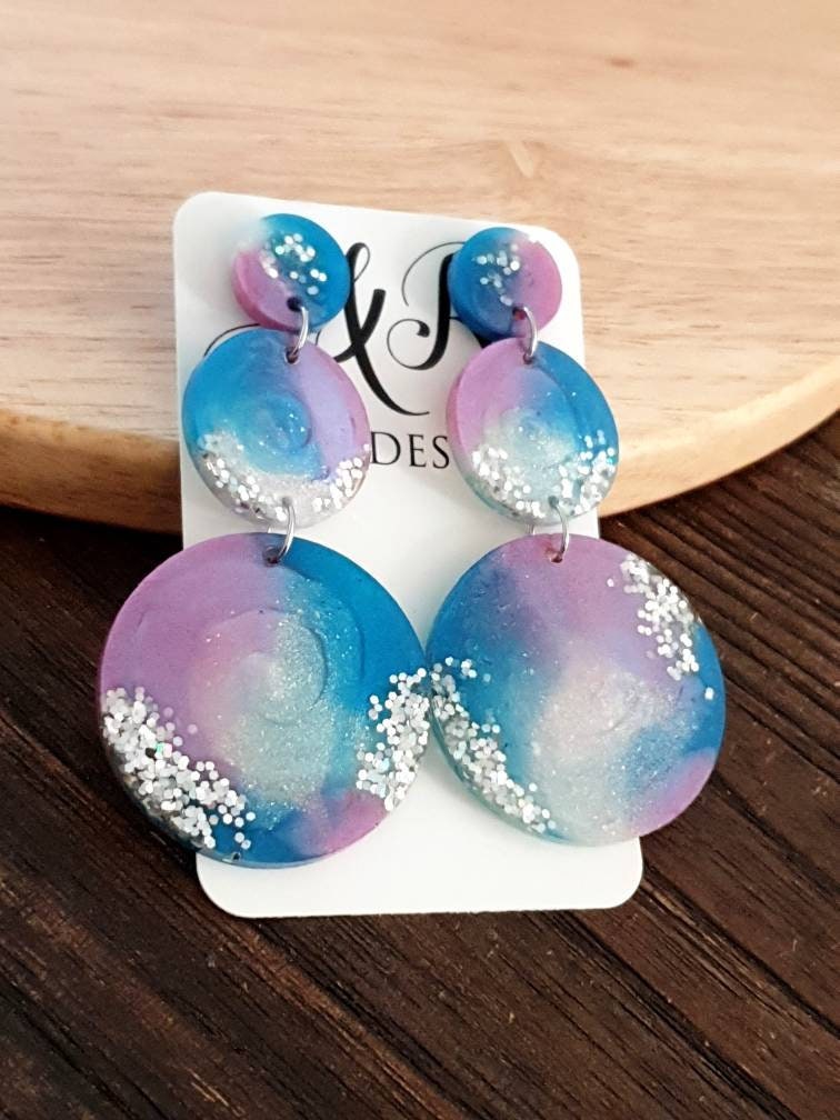 Unique Three Circle Long Resin Earrings, Statement Holographic Glitter with Blue and Pink Earrings, Bridal Stainless Steel Earrings