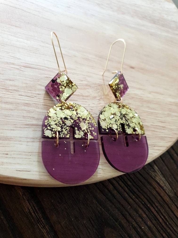 Mesmerizing Purple and Gold Double Arch Dangle Earrings, Gold Glitter and Purple Resin Dangles, Statement Earrings