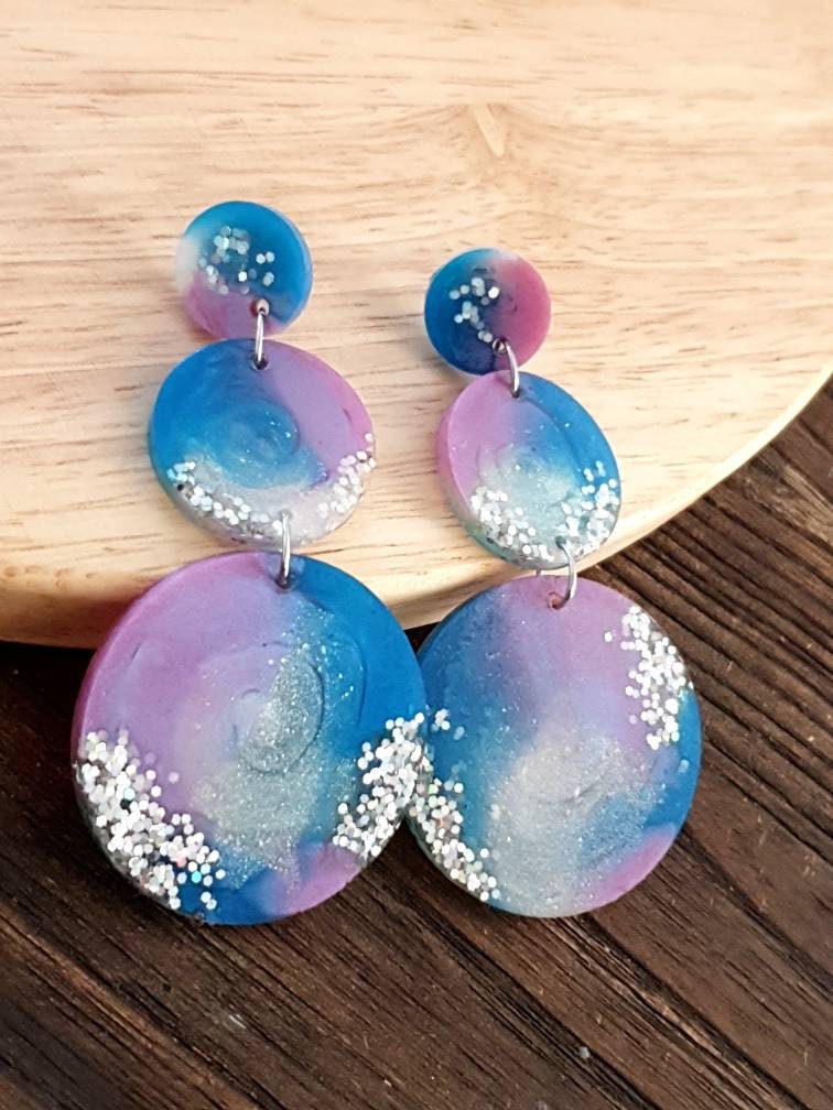 Unique Three Circle Long Resin Earrings, Statement Holographic Glitter with Blue and Pink Earrings, Bridal Stainless Steel Earrings