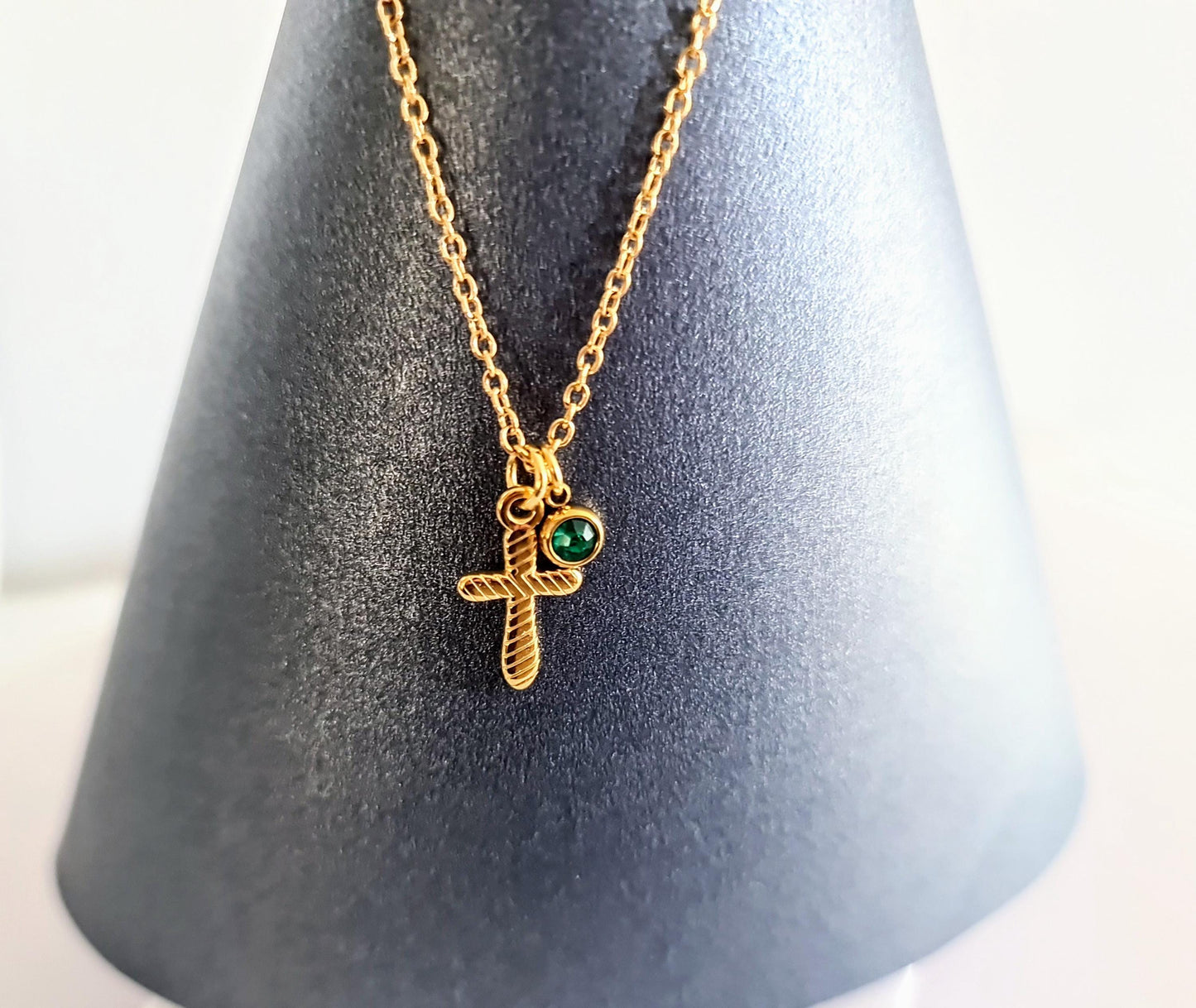 18K Gold Cross Necklace with Birthstone Charm, Customizable Christian Pendant, 9 Birthstone Colors, Dainty Gift for Her