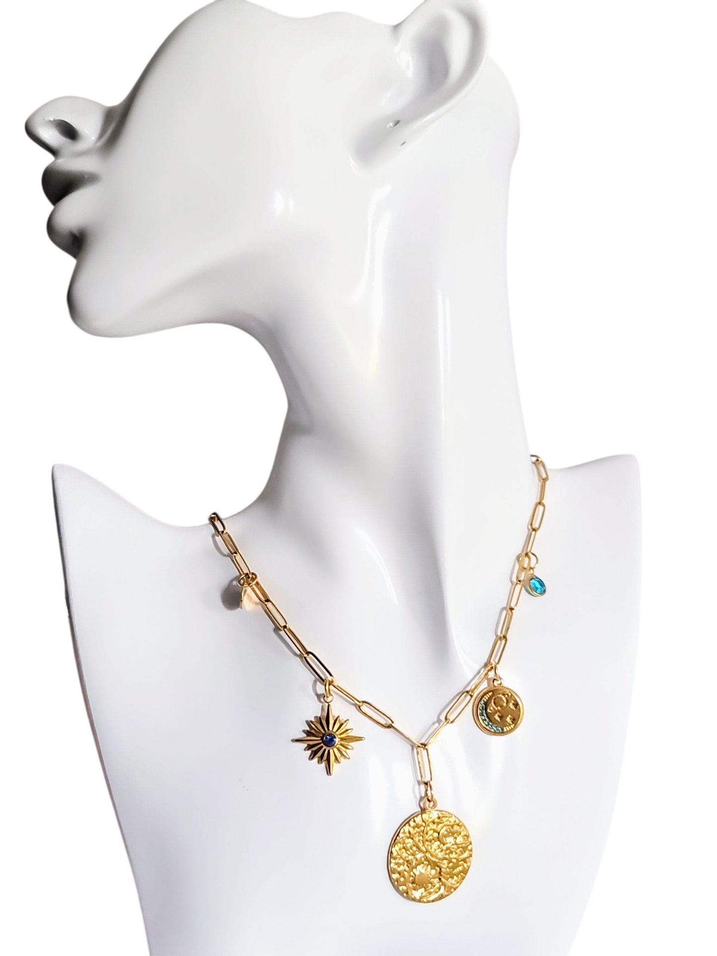 Personalized Sun & Moon CZ Charm Necklace, 18K Gold Paperclip Chain