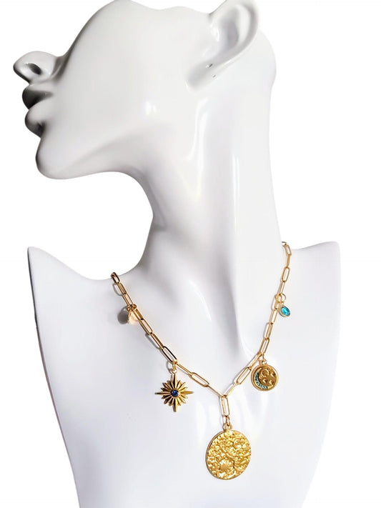 Personalized Sun & Moon CZ Charm Necklace, 18K Gold Paperclip Chain