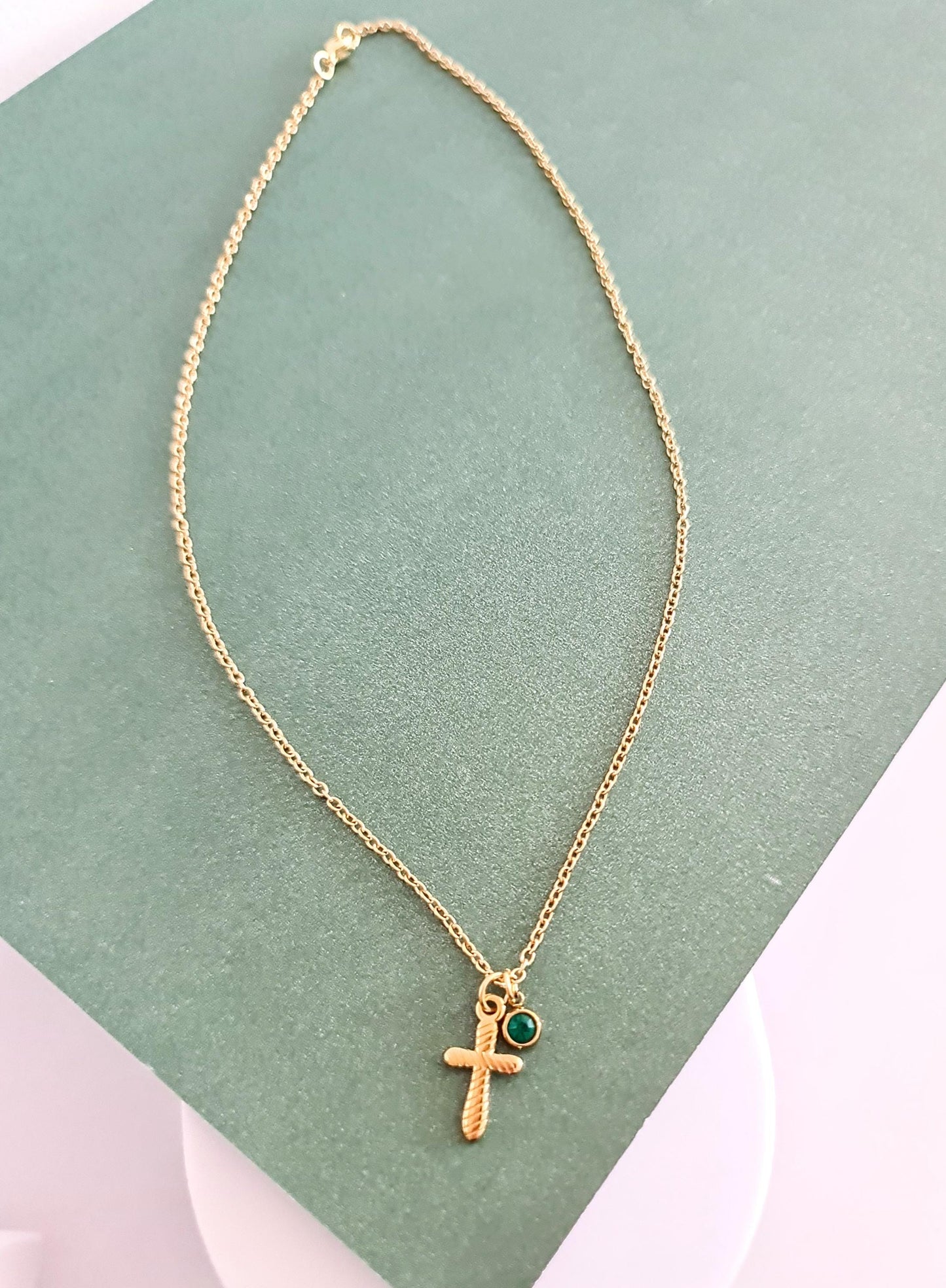 18K Gold Cross Necklace with Birthstone Charm, Customizable Christian Pendant, 9 Birthstone Colors, Dainty Gift for Her