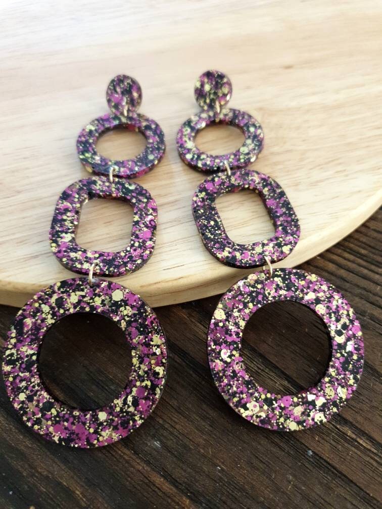 Black Gold Hot Pink Mix Oversized Shoulder Duster Earrings, Glitter Extra Super Long Circle Hoop Dangles, Statement Earrings, 13cm long