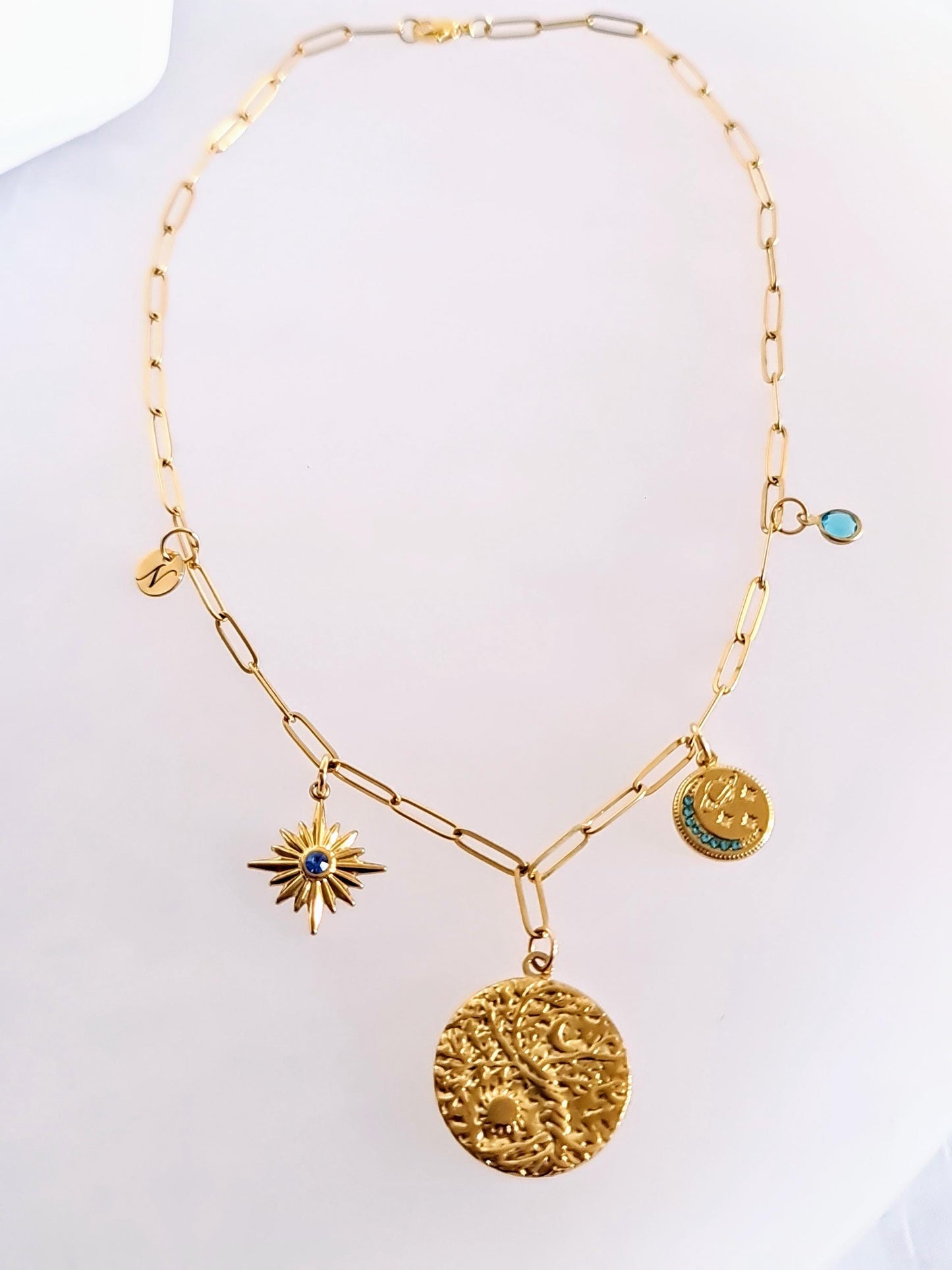 Sun & Moon Charms Custom Personalised Necklace, Statement Paperclip Chain with CZ Charms Personalized Gift, Real 18K Gold PVD