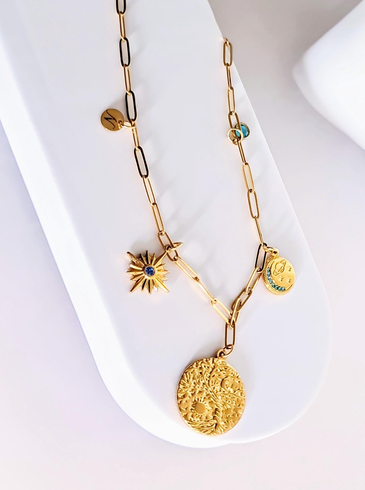 Personalized Sun & Moon CZ Charm Necklace, 18K Gold Paperclip Chain