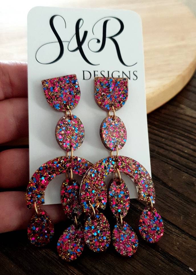 Large Oversized Chandelier Dangle Earrings, Hot Pink, Blue, Gold Glitter Dangles, Statement Long Earrings
