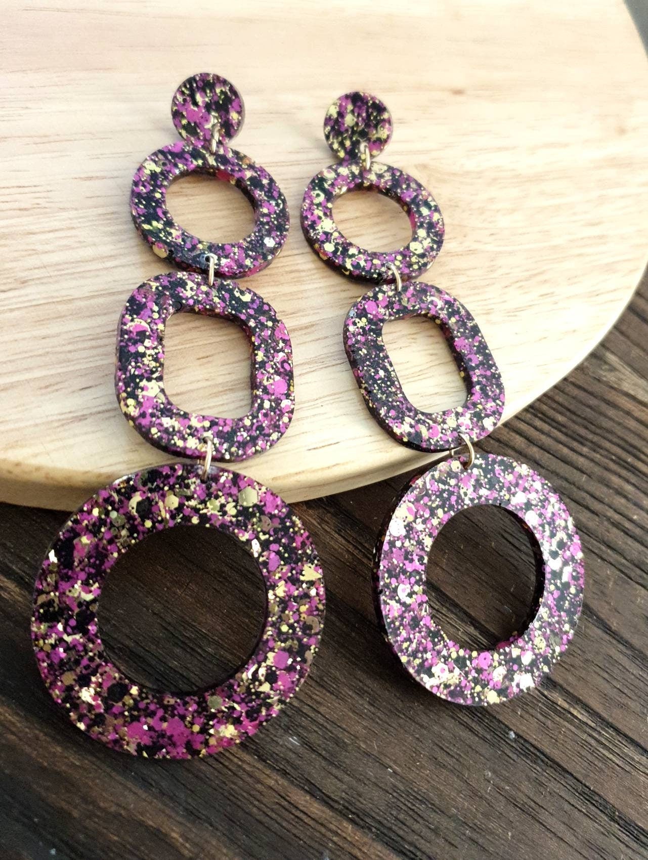 Black Gold Hot Pink Mix Oversized Shoulder Duster Earrings, Glitter Extra Super Long Circle Hoop Dangles, Statement Earrings, 13cm long