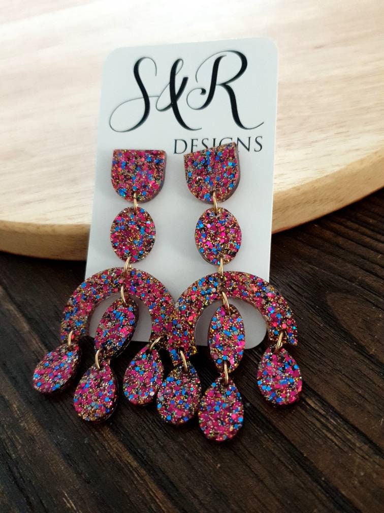 Large Oversized Chandelier Dangle Earrings, Hot Pink, Blue, Gold Glitter Dangles, Statement Long Earrings