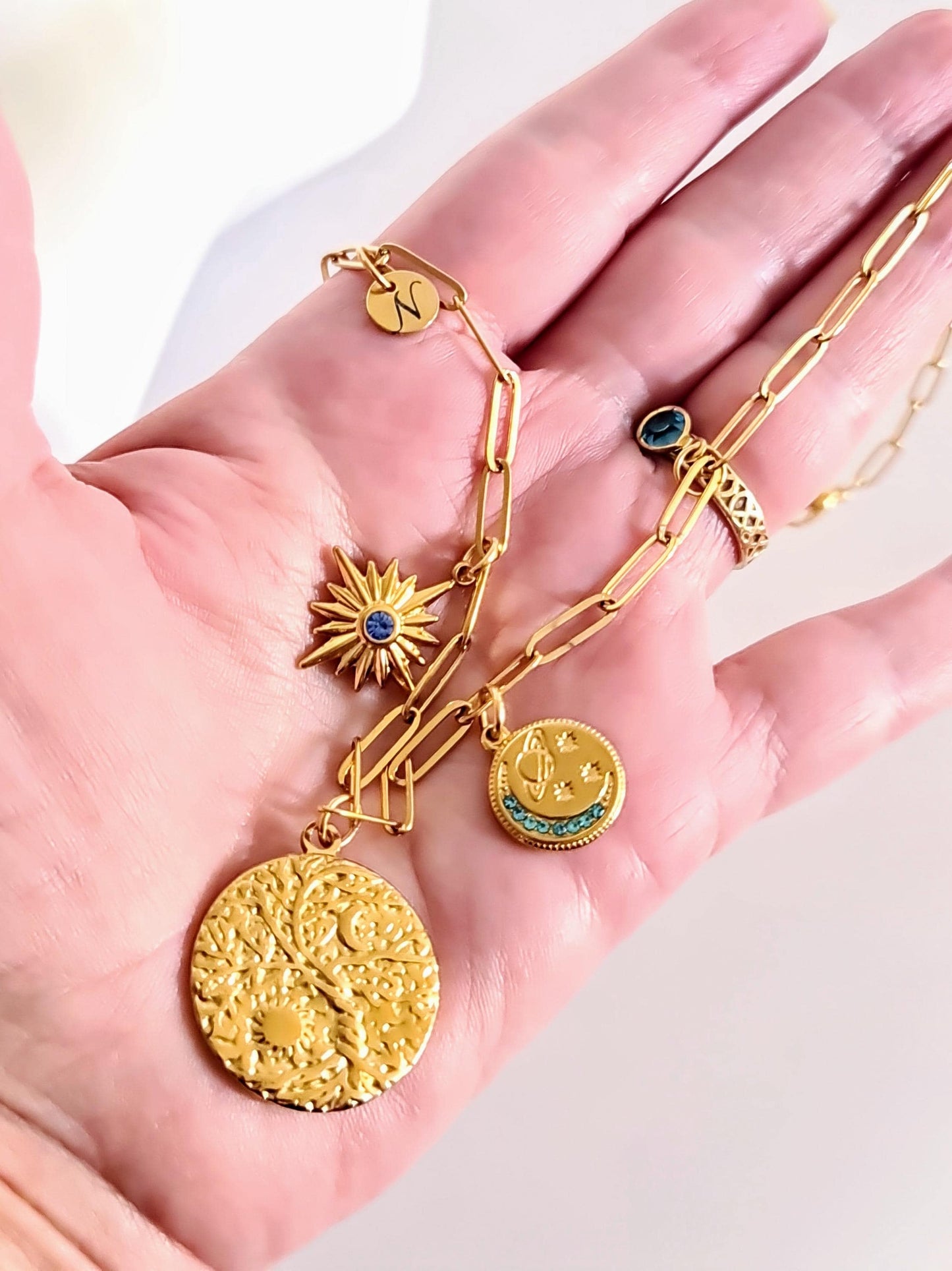 Sun & Moon Charms Custom Personalised Necklace, Statement Paperclip Chain with CZ Charms Personalized Gift, Real 18K Gold PVD