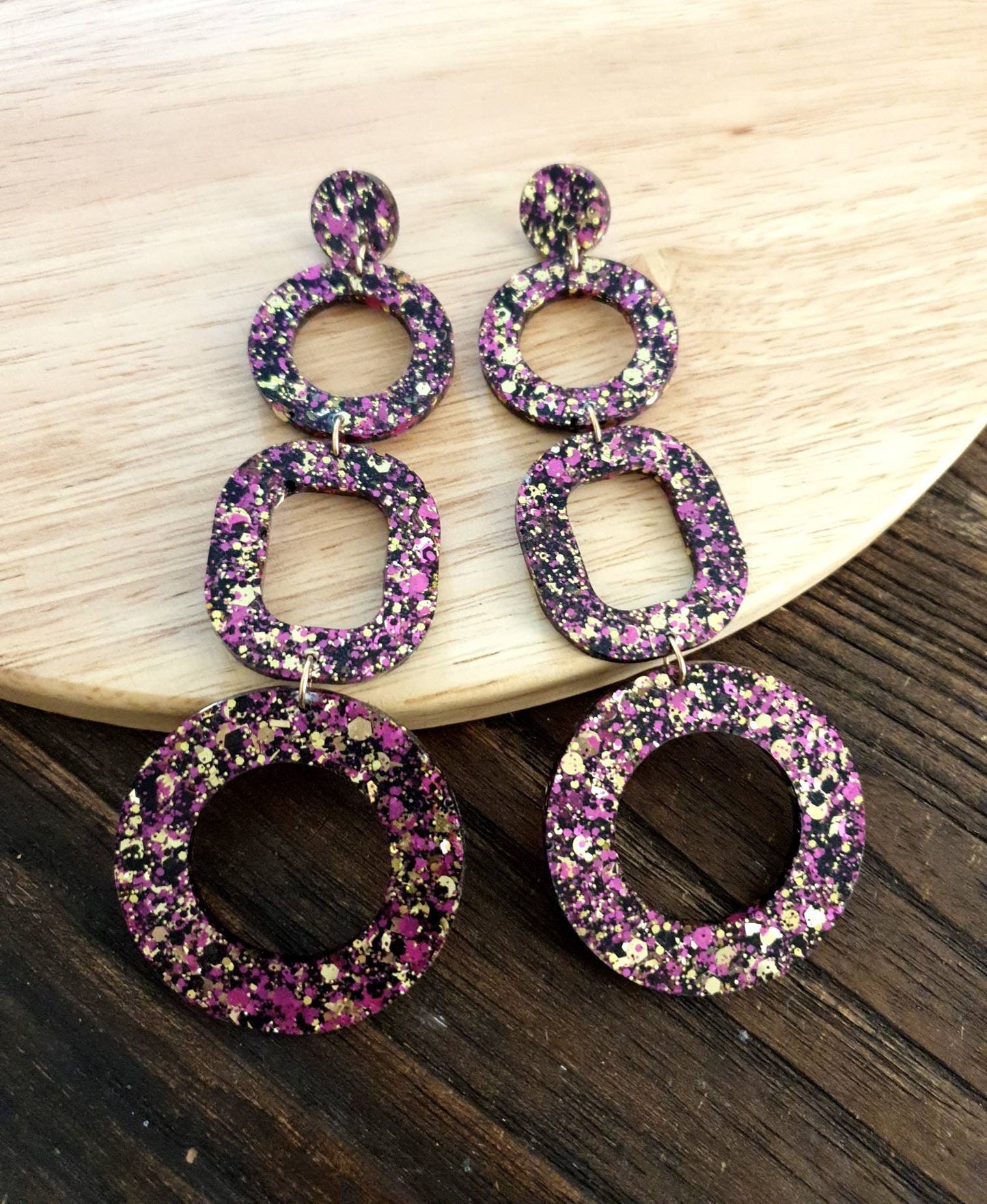Black Gold Hot Pink Mix Oversized Shoulder Duster Earrings, Glitter Extra Super Long Circle Hoop Dangles, Statement Earrings, 13cm long