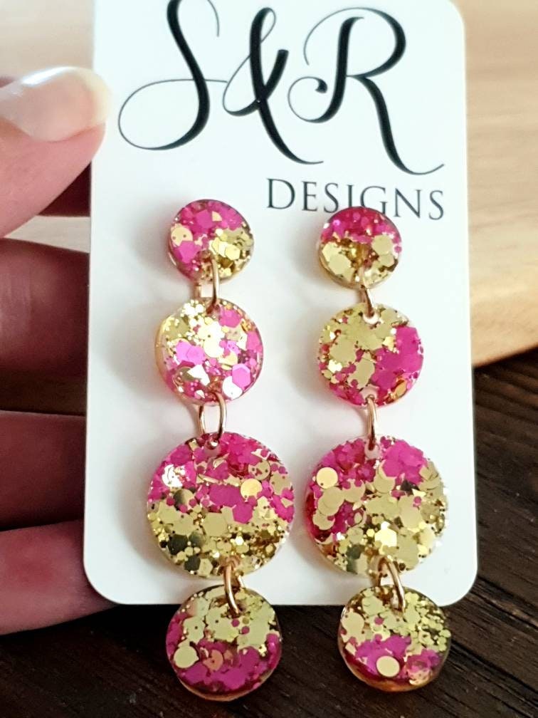Hot Pink Gold Circle Long Dangle Earrings, Statement Earrings, Pink and Gold Glitter Dangle Stud Earrings
