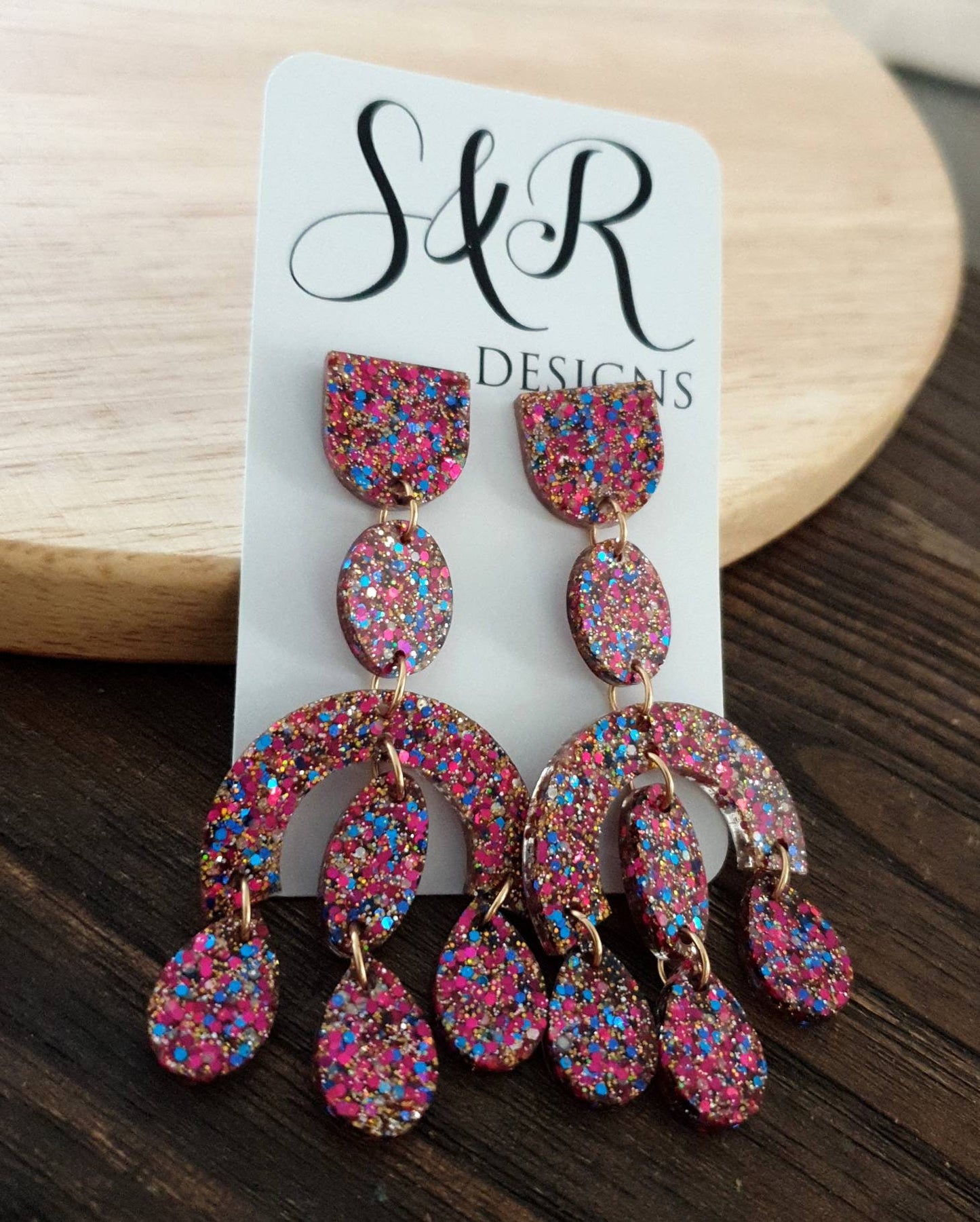 Large Oversized Chandelier Dangle Earrings, Hot Pink, Blue, Gold Glitter Dangles, Statement Long Earrings