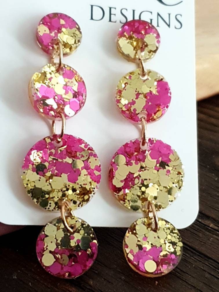 Hot Pink Gold Circle Long Dangle Earrings, Statement Earrings, Pink and Gold Glitter Dangle Stud Earrings