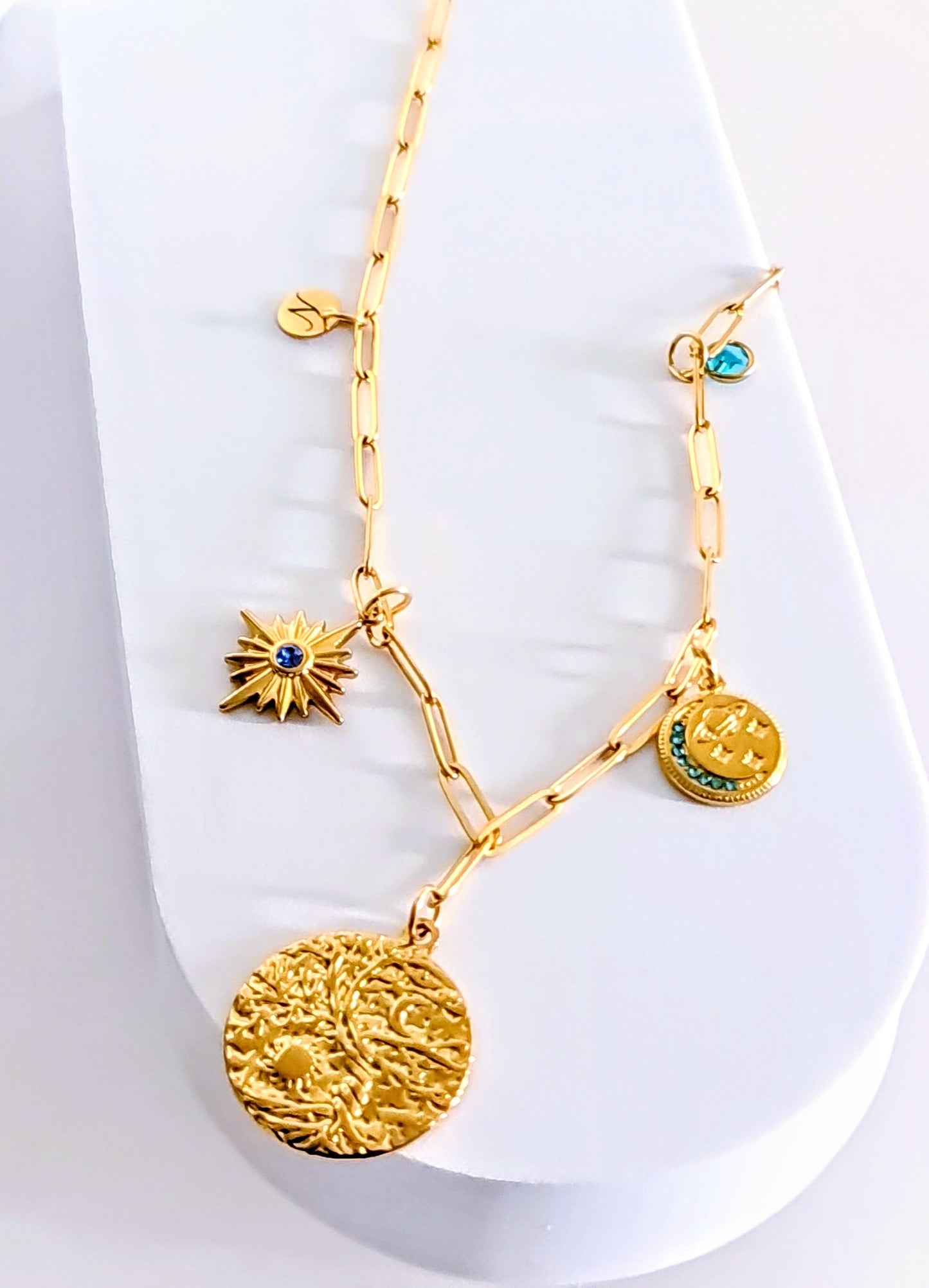 Sun & Moon Charms Custom Personalised Necklace, Statement Paperclip Chain with CZ Charms Personalized Gift, Real 18K Gold PVD