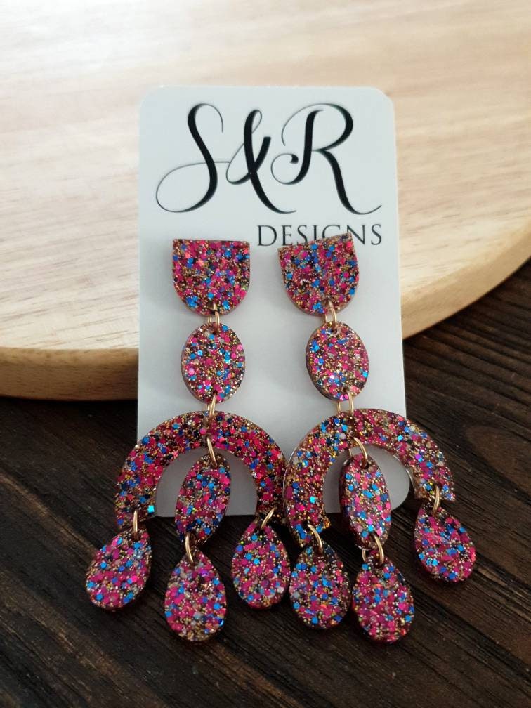 Large Oversized Chandelier Dangle Earrings, Hot Pink, Blue, Gold Glitter Dangles, Statement Long Earrings