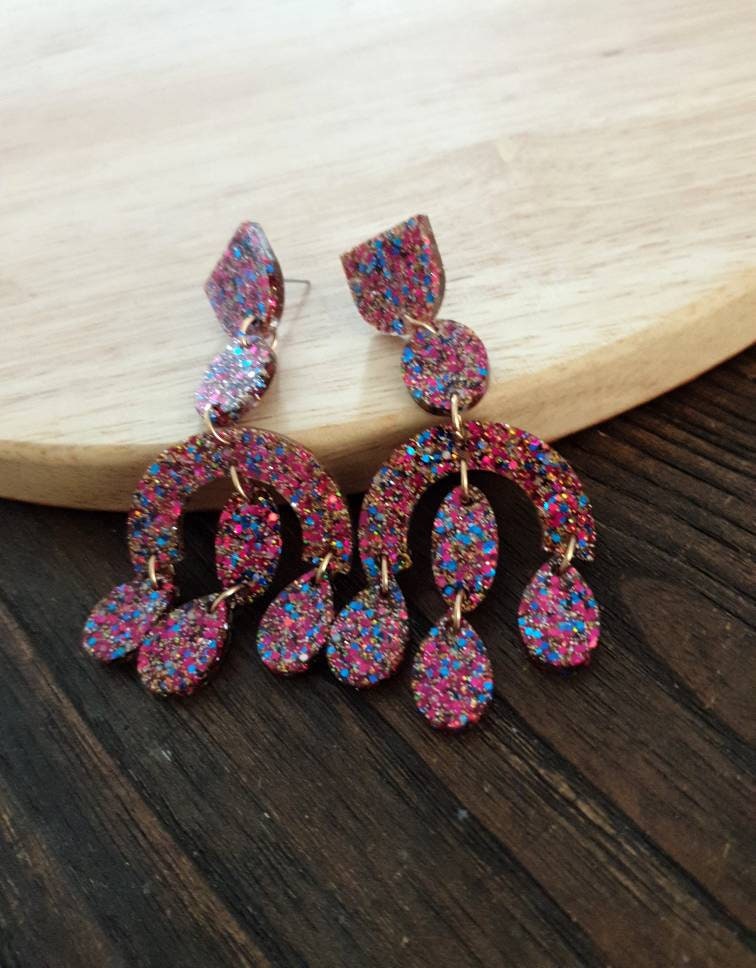 Large Oversized Chandelier Dangle Earrings, Hot Pink, Blue, Gold Glitter Dangles, Statement Long Earrings