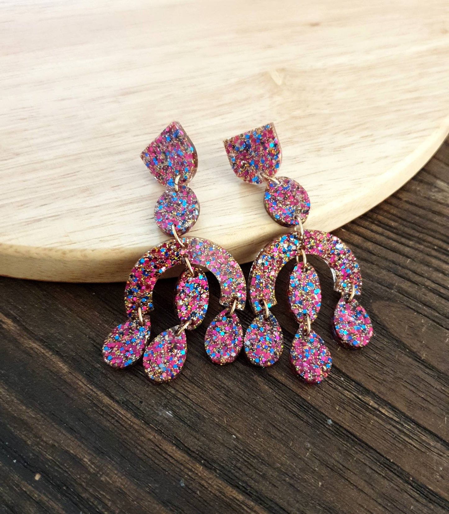 Large Oversized Chandelier Dangle Earrings, Hot Pink, Blue, Gold Glitter Dangles, Statement Long Earrings