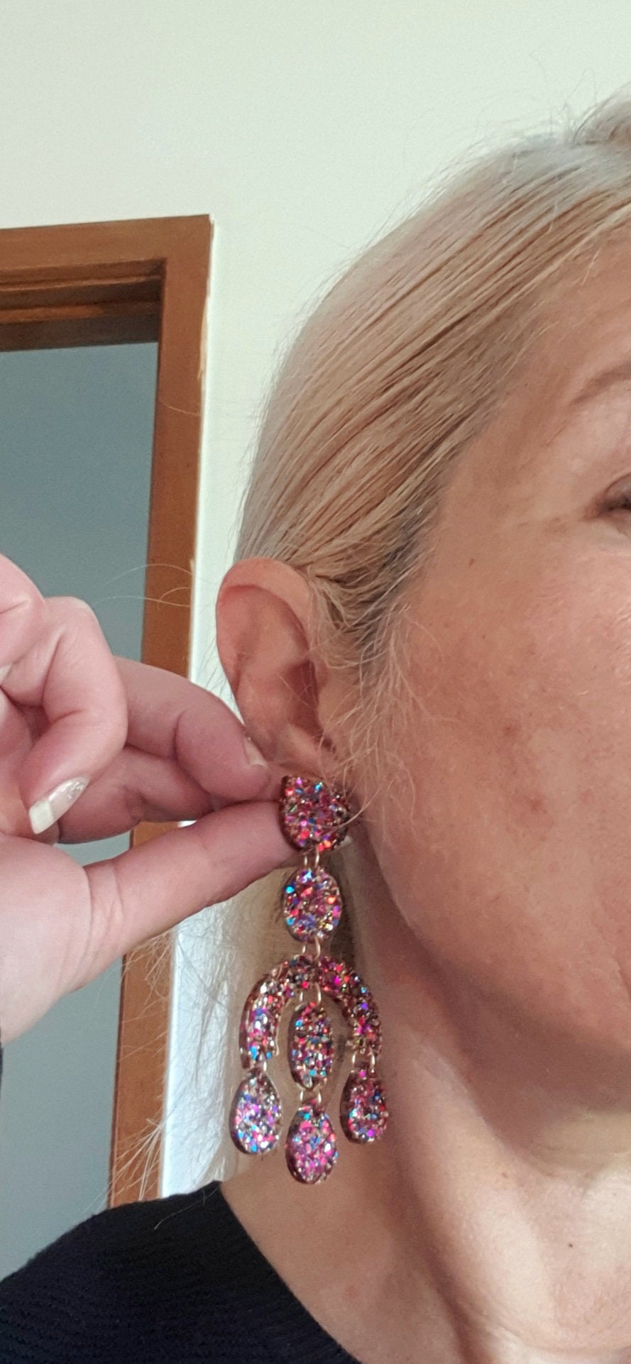 Large Oversized Chandelier Dangle Earrings, Hot Pink, Blue, Gold Glitter Dangles, Statement Long Earrings