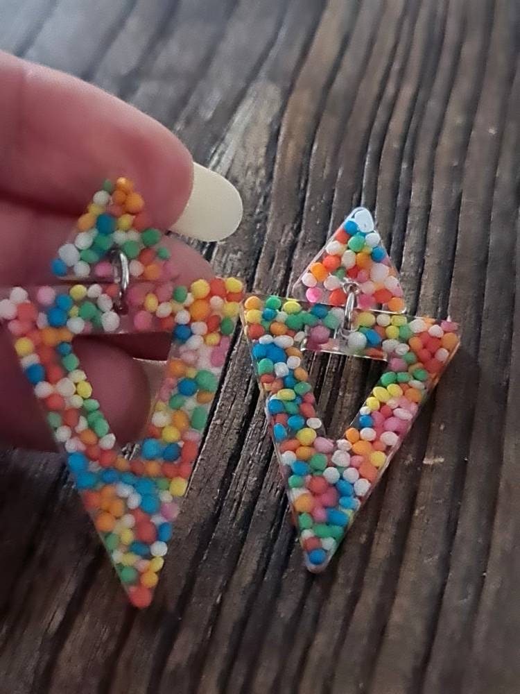 Multicoloured Triangle Dangle Earrings, 100s and 1000s Lolly Resin Triangle Earrings, Stainless Steel Earrings, Statement Earrings