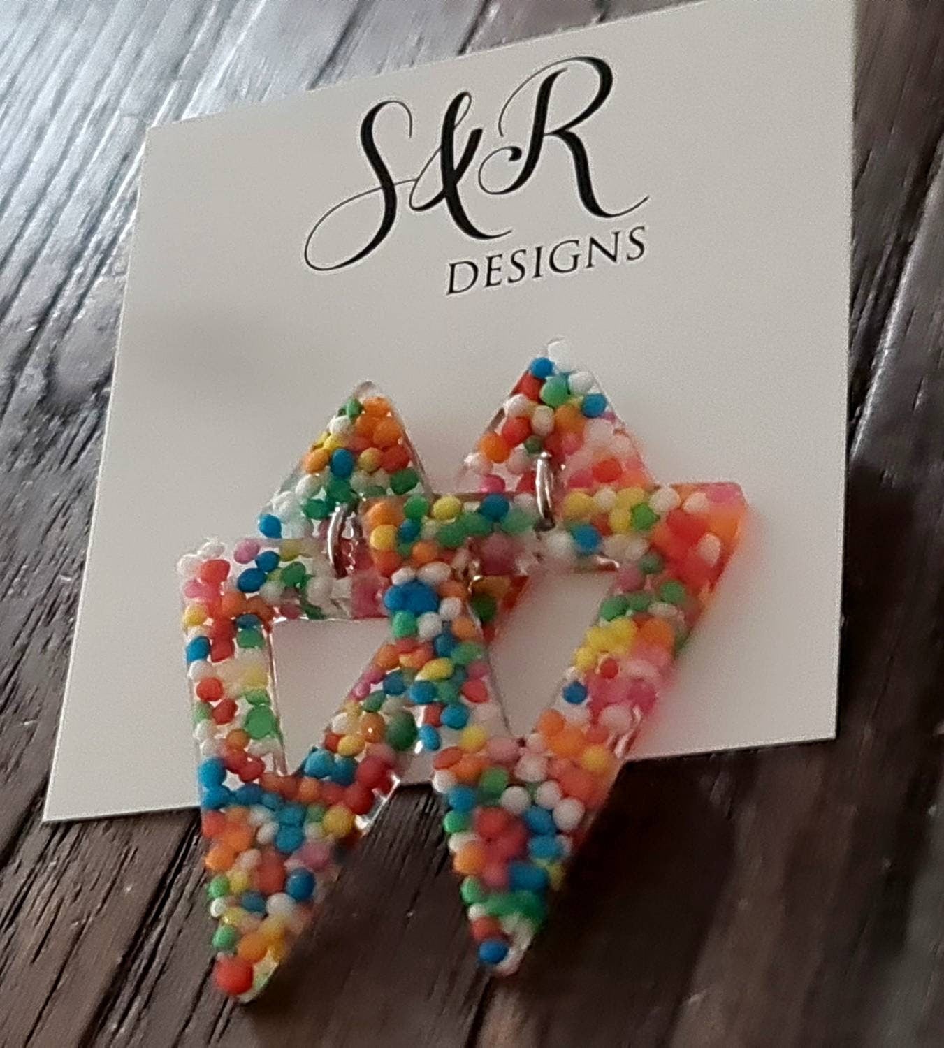 Multicoloured Triangle Dangle Earrings, 100s and 1000s Lolly Resin Triangle Earrings, Stainless Steel Earrings, Statement Earrings