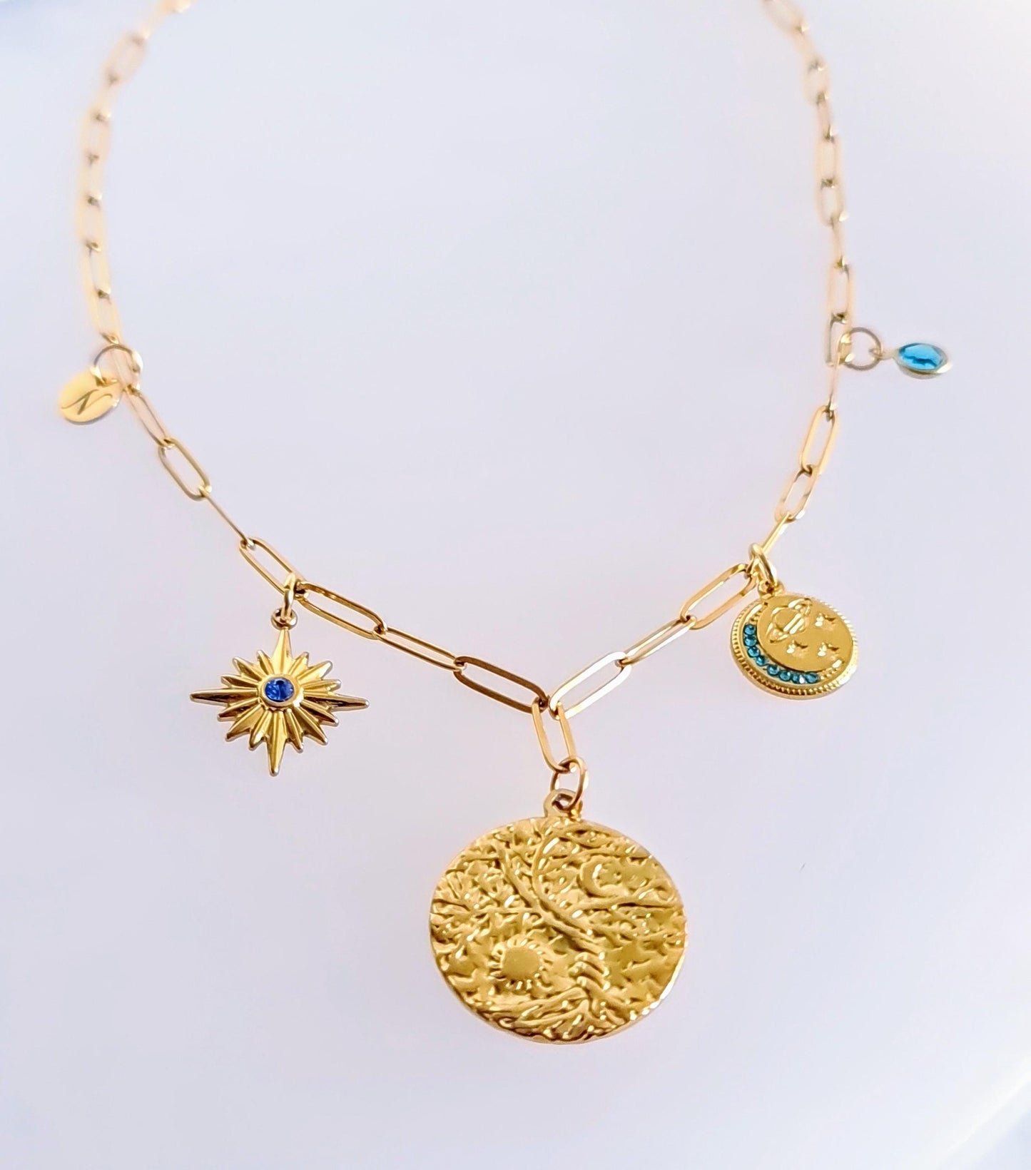 Sun & Moon Charms Custom Personalised Necklace, Statement Paperclip Chain with CZ Charms Personalized Gift, Real 18K Gold PVD