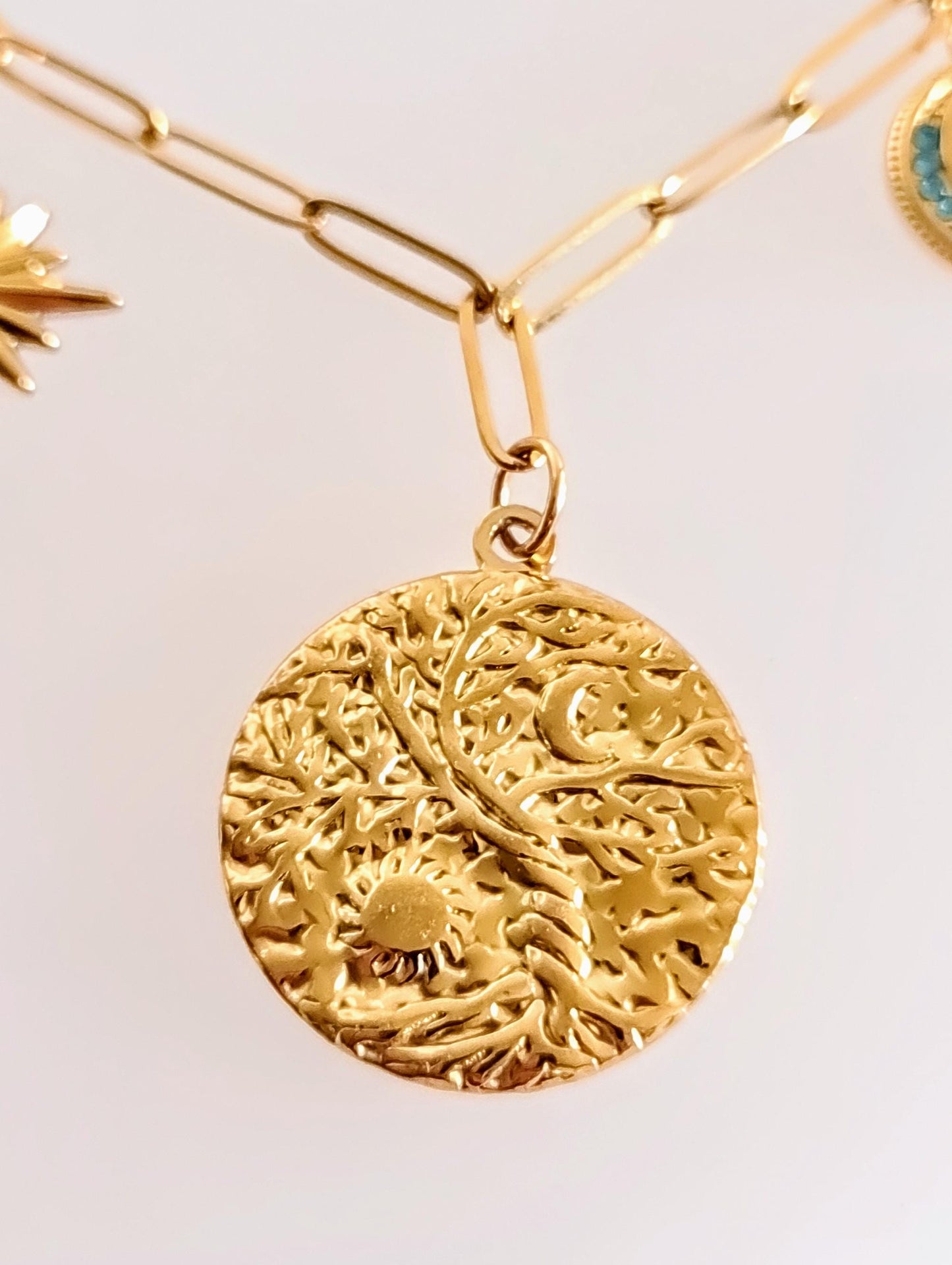 Sun & Moon Charms Custom Personalised Necklace, Statement Paperclip Chain with CZ Charms Personalized Gift, Real 18K Gold PVD