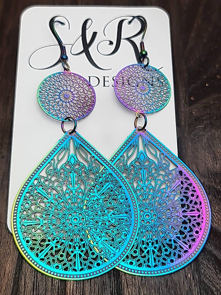 Statement Earrings Large, Rainbow Teardrop Dangle Multicoloured Hypoallergenic Earrings, Pink Blue Teardrops, Stainless Steel Anodized