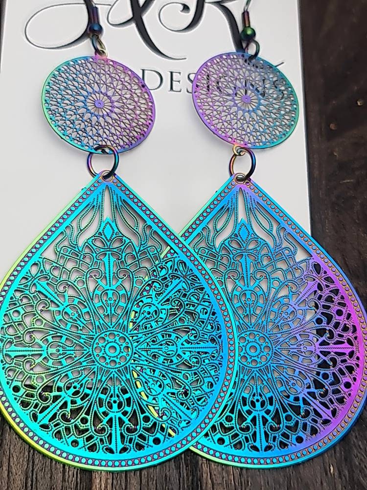 Statement Earrings Large, Rainbow Teardrop Dangle Multicoloured Hypoallergenic Earrings, Pink Blue Teardrops, Stainless Steel Anodized