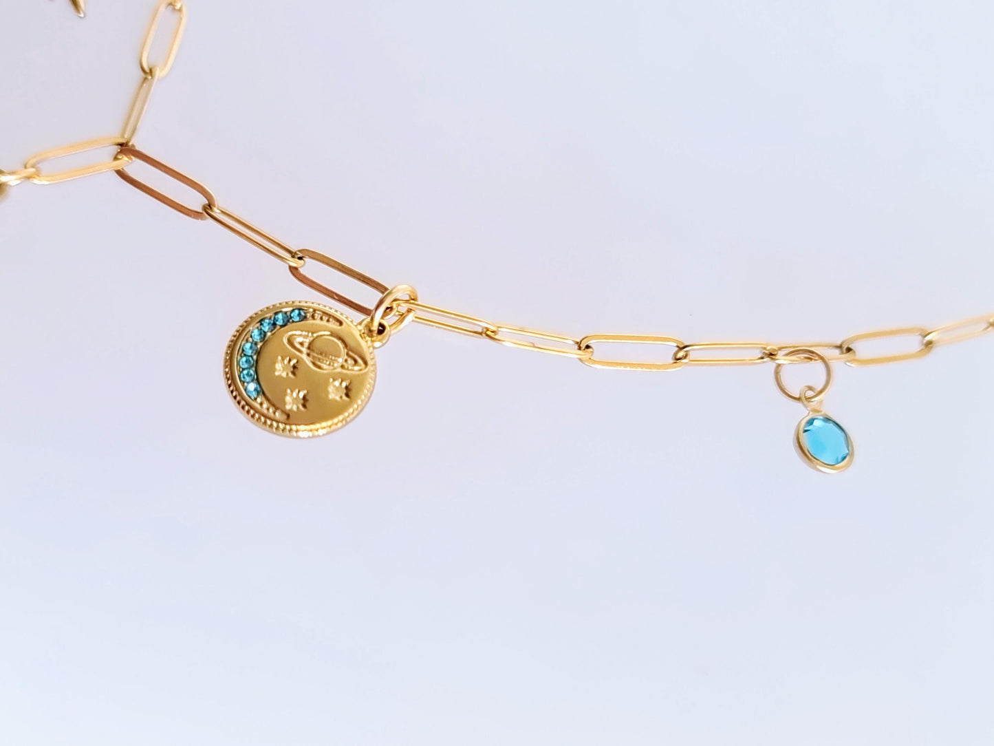 Sun & Moon Charms Custom Personalised Necklace, Statement Paperclip Chain with CZ Charms Personalized Gift, Real 18K Gold PVD
