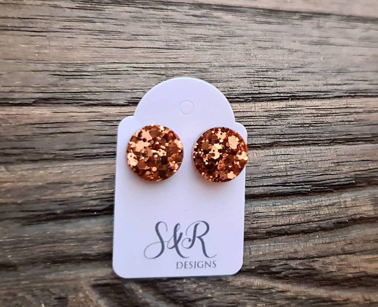 Circle Dot Resin Stud Earrings, Rose Gold Copper Glitter Handmade Earrings. Stainless Steel Stud Earrings. 15mm, 12mm, 10mm or 8mm
