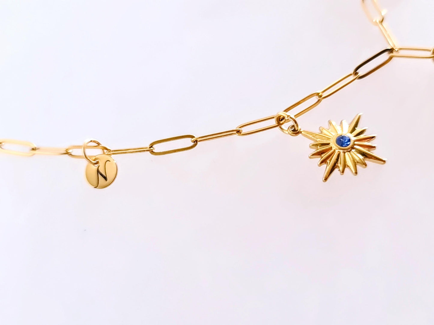 Personalized Sun & Moon CZ Charm Necklace, 18K Gold Paperclip Chain