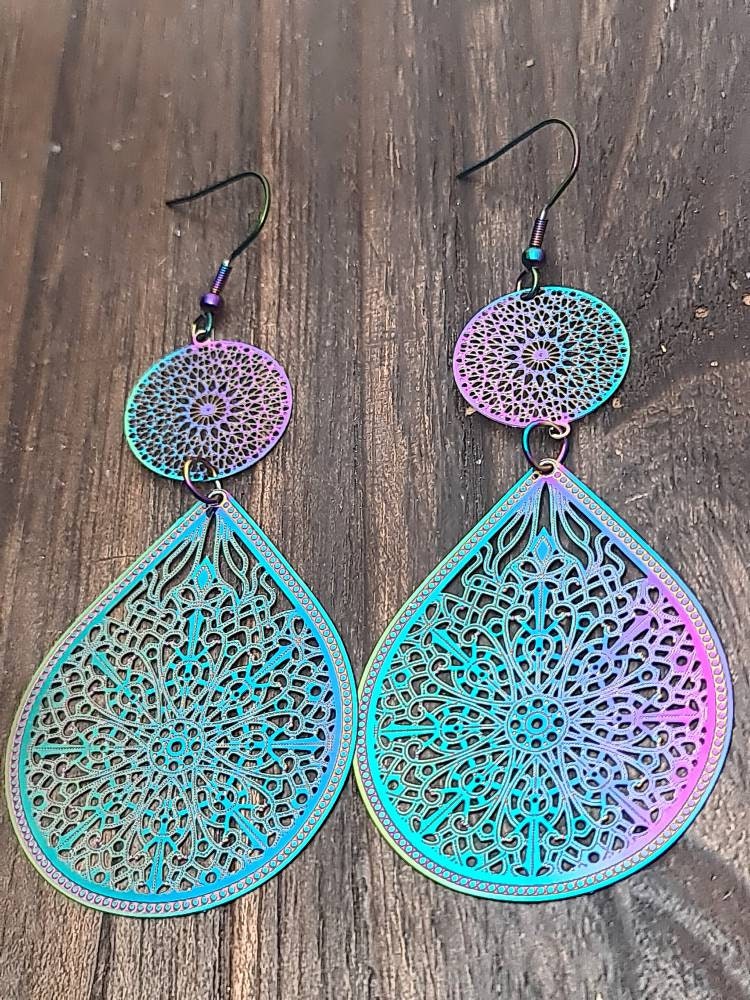 Statement Earrings Large, Rainbow Teardrop Dangle Multicoloured Hypoallergenic Earrings, Pink Blue Teardrops, Stainless Steel Anodized