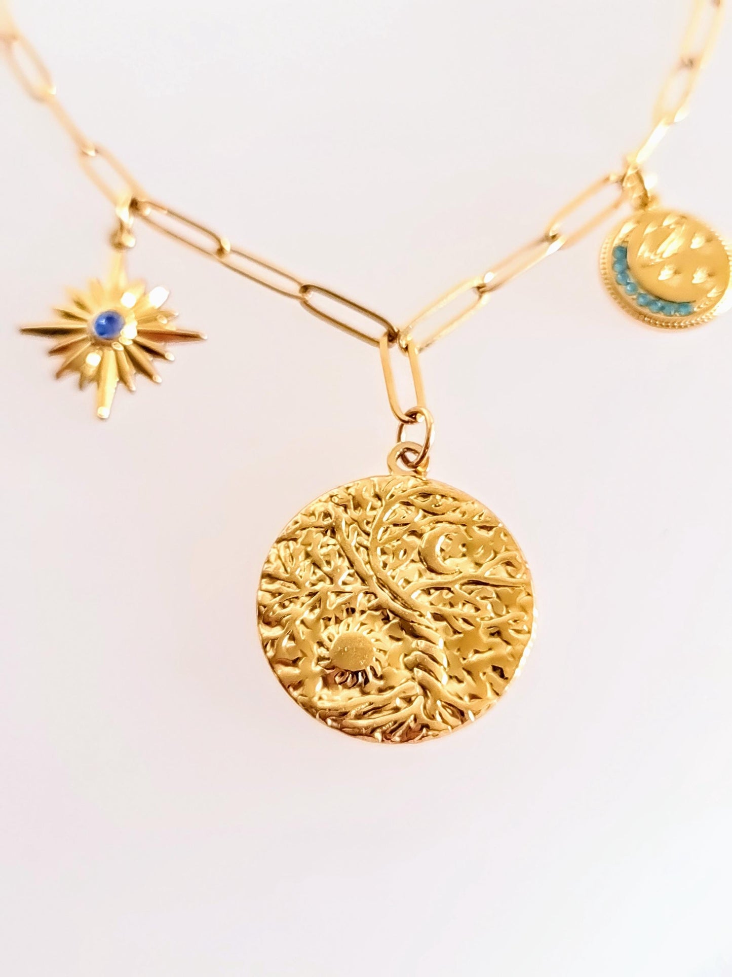 Personalized Sun & Moon CZ Charm Necklace, 18K Gold Paperclip Chain