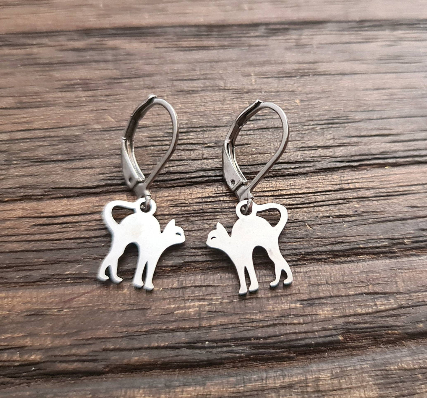 Silver Cat Leverback Earrings, Cat Dangle Earrings, Stainless Steel Waterproof Leverback, Threaders or Hook Earrings. Hypoallergenic Gift.