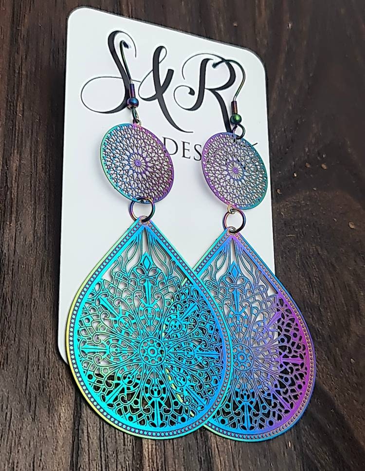 Statement Earrings Large, Rainbow Teardrop Dangle Multicoloured Hypoallergenic Earrings, Pink Blue Teardrops, Stainless Steel Anodized