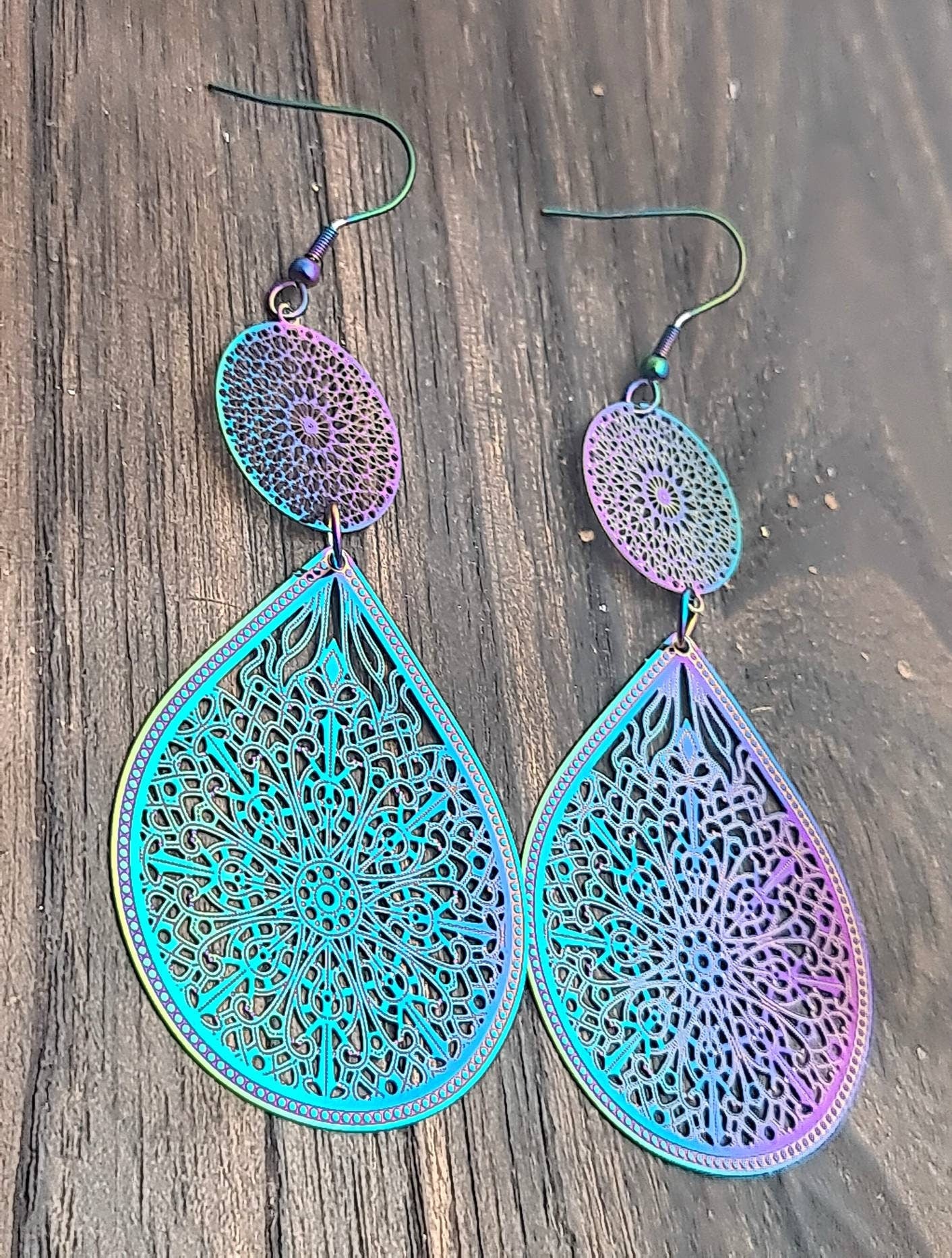Statement Earrings Large, Rainbow Teardrop Dangle Multicoloured Hypoallergenic Earrings, Pink Blue Teardrops, Stainless Steel Anodized
