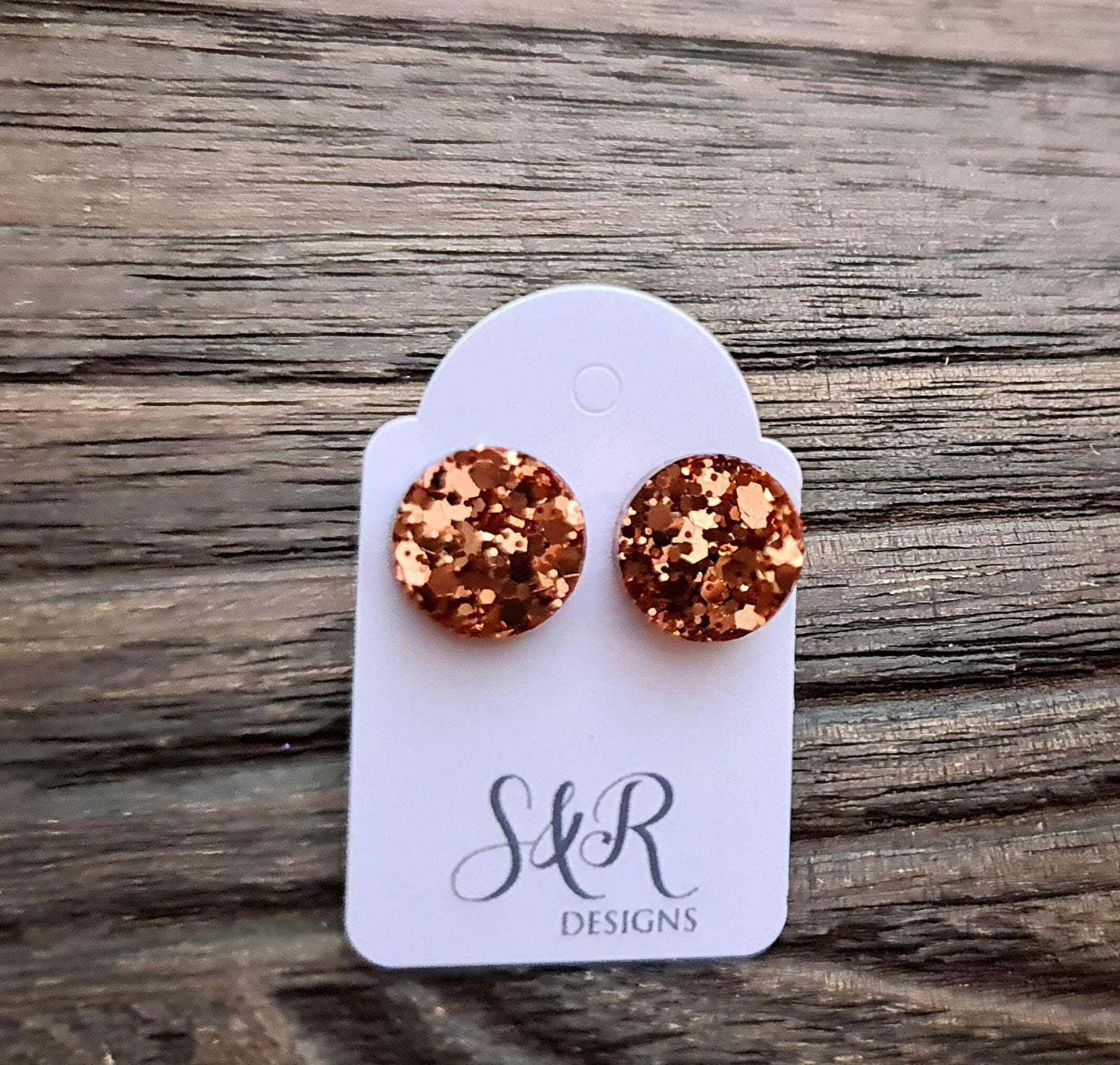 Circle Dot Resin Stud Earrings, Rose Gold Copper Glitter Handmade Earrings. Stainless Steel Stud Earrings. 15mm, 12mm, 10mm or 8mm