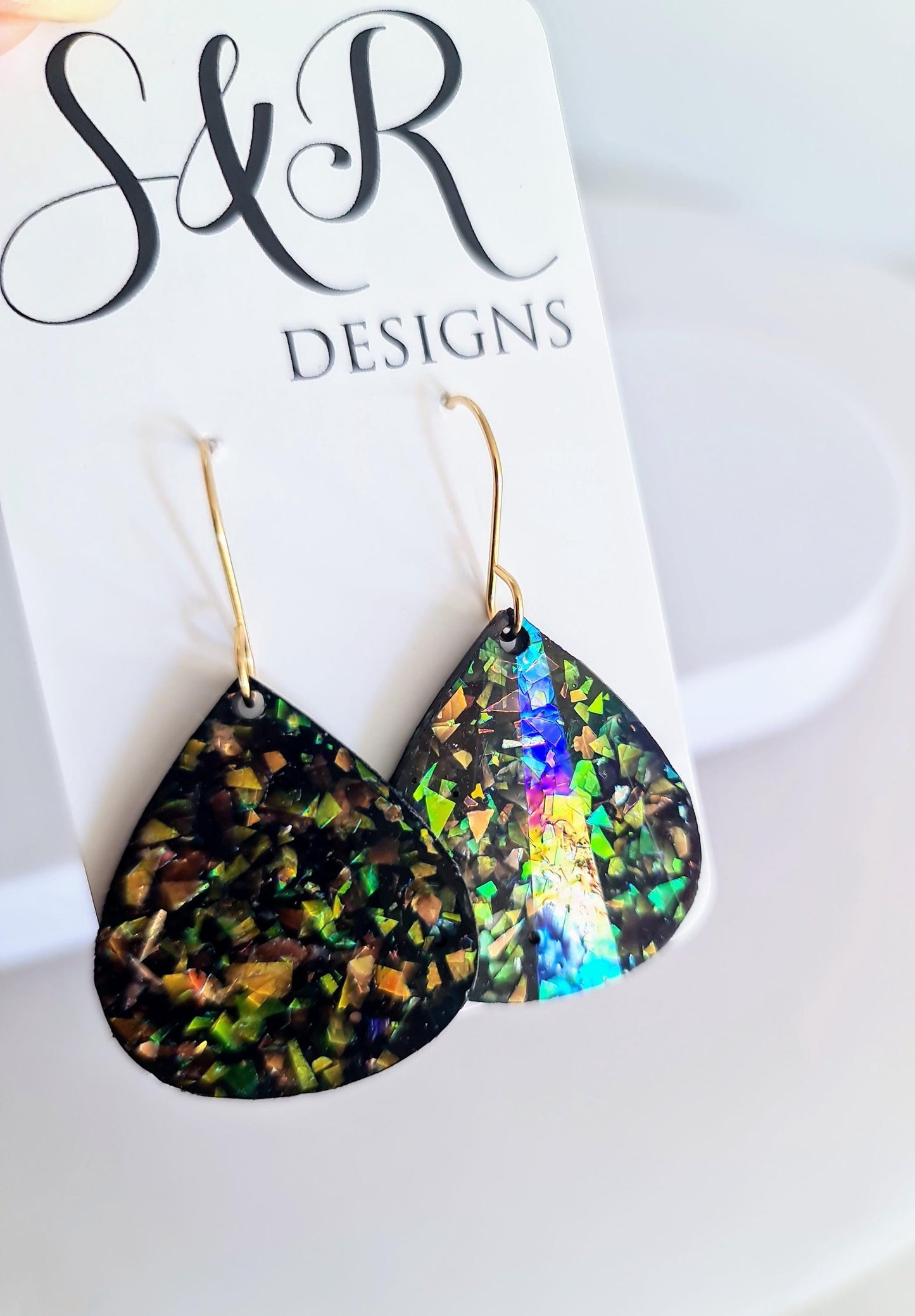 Multicoloured Teardrop Dangles, Holographic Teardrop Earwire Earrings, Glitter Changing with Holographic Design, Hypoallergenic Earrings