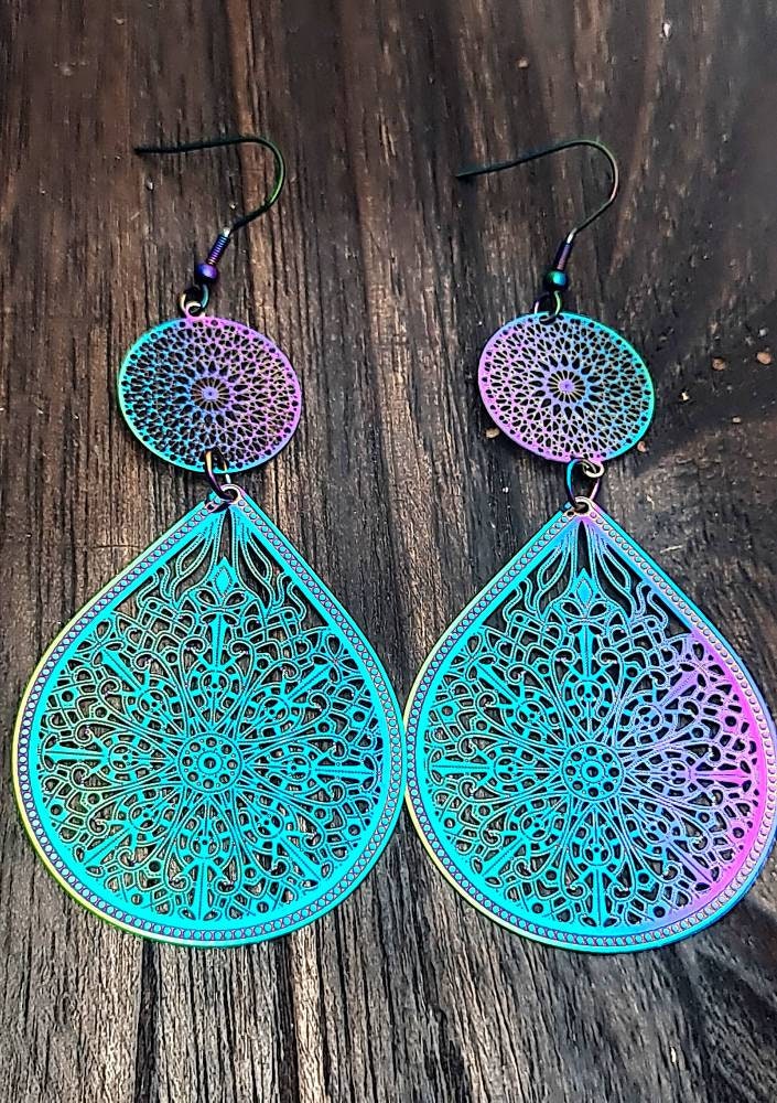 Statement Earrings Large, Rainbow Teardrop Dangle Multicoloured Hypoallergenic Earrings, Pink Blue Teardrops, Stainless Steel Anodized