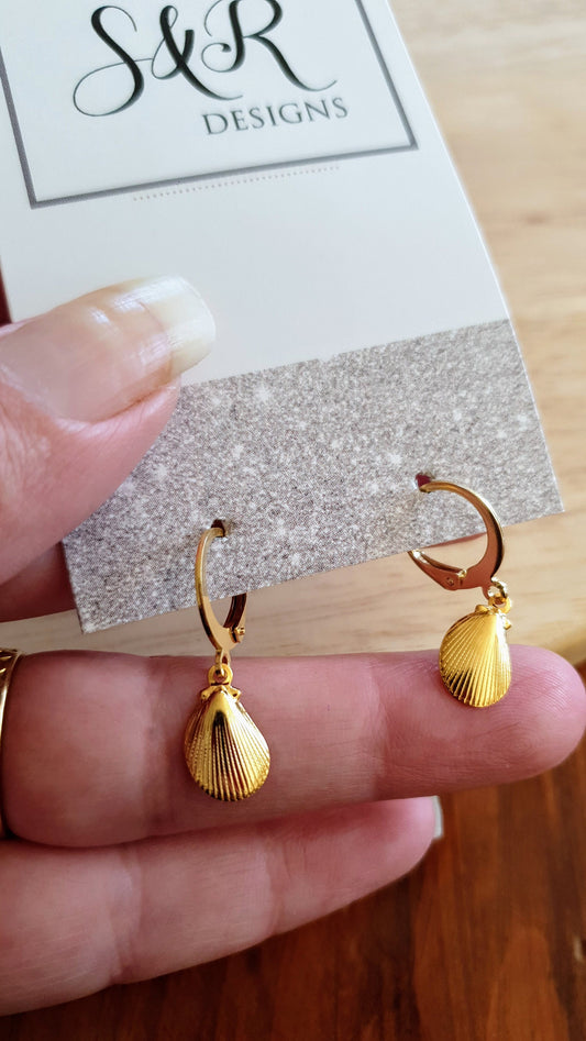 Gold Shell Earrings, Gold Stainless Steel Dangle Drops, Choose Leverback or Hook Earwire Earrings.