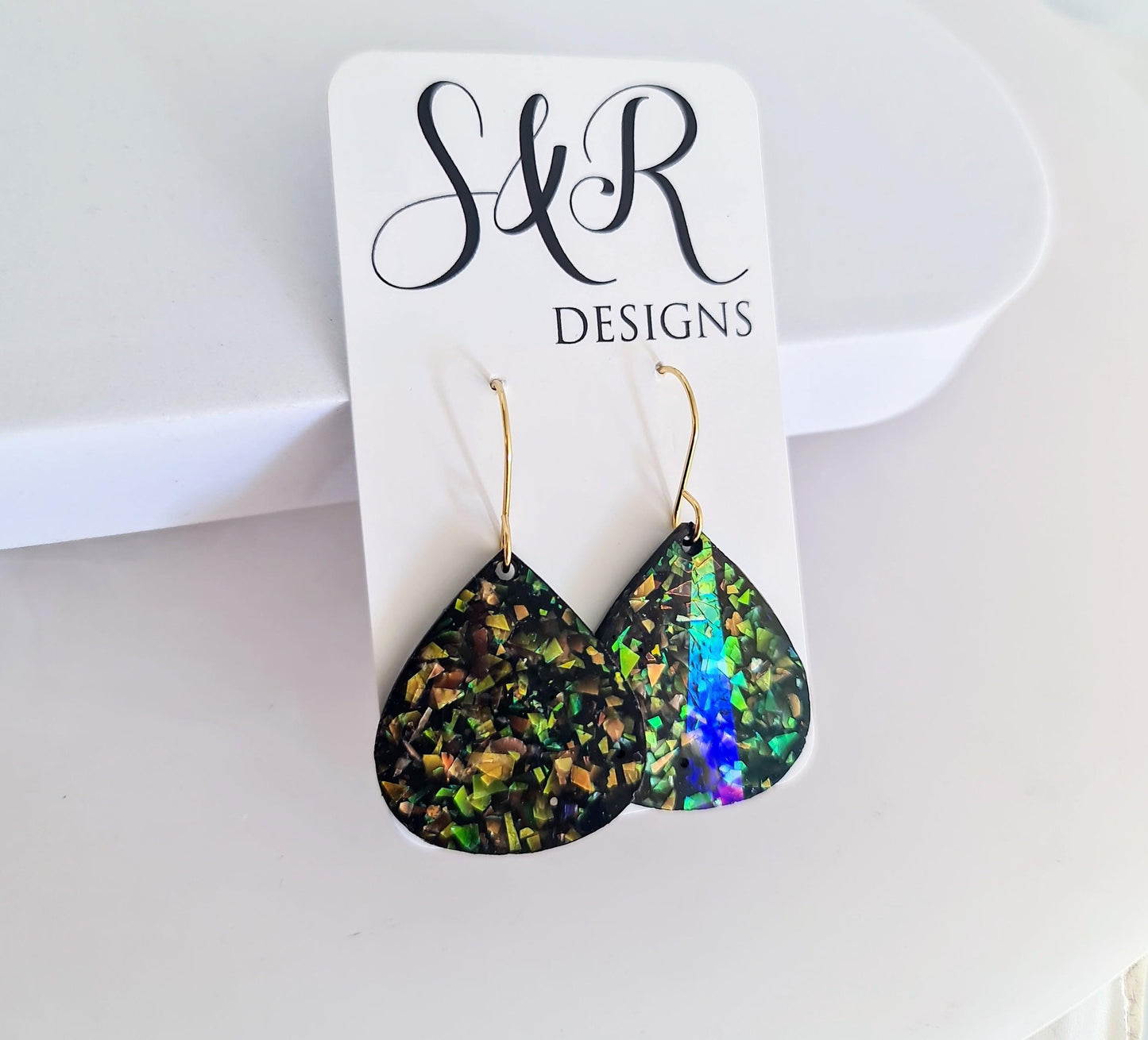Multicoloured Teardrop Dangles, Holographic Teardrop Earwire Earrings, Glitter Changing with Holographic Design, Hypoallergenic Earrings