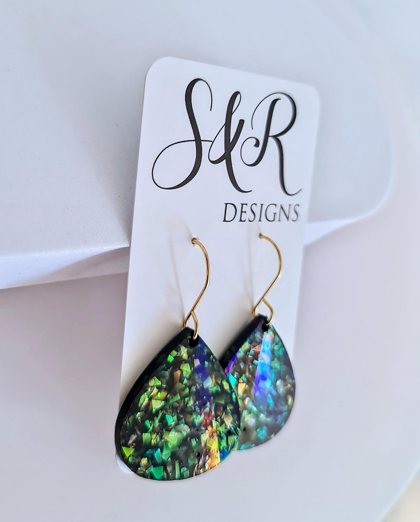 Multicoloured Teardrop Dangles, Holographic Teardrop Earwire Earrings, Glitter Changing with Holographic Design, Hypoallergenic Earrings